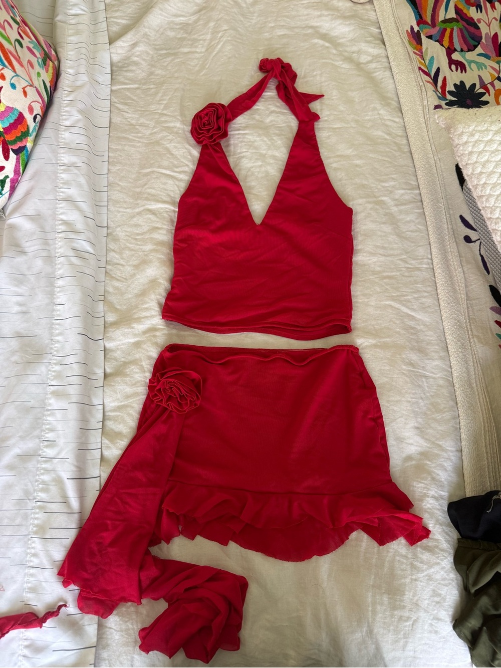 Heiress Beverly Hills Red Halter Crop Top & Skirt Set with Floral Details